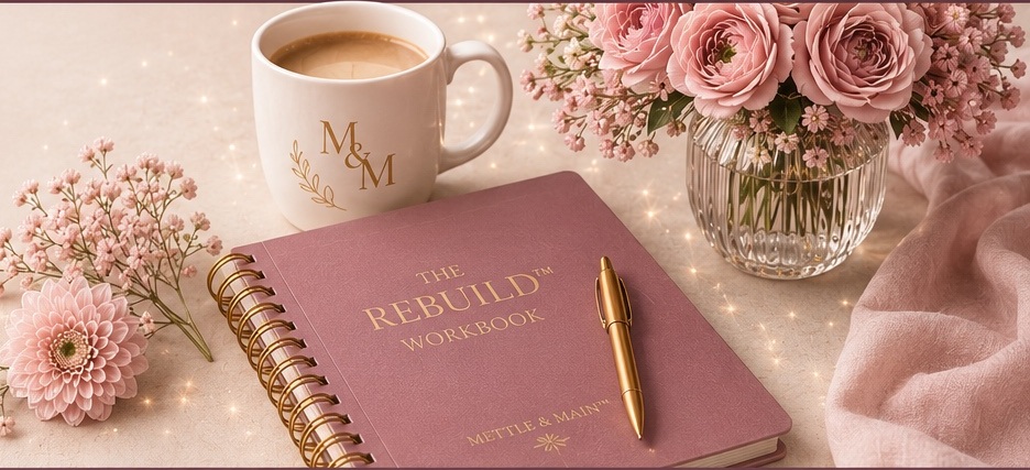 Mettle and Main Rebuild workbook, M&M mug, blush flowers and gold pen